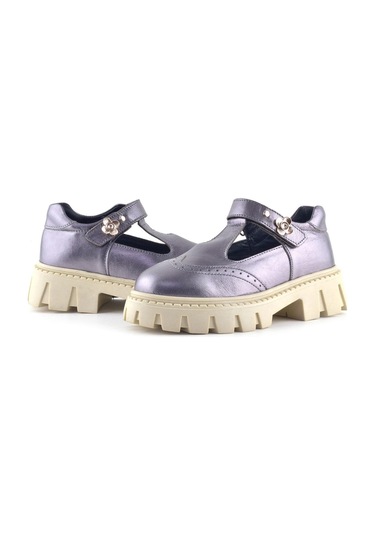 Rakerplus Hakiki Deri Platin Krem Tabanlı Çiçek Detaylı Kız Çocuk Günlük Ayakkabı Platin