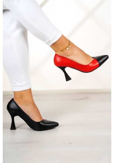 Jatqılı Plus Siyah Kırmızı Kadeh Topuklu Ayakkabı Siyah - Kırmızı