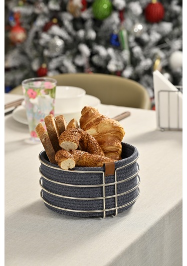 Silver Yuvarlak Ekmek Sepeti Şık,ekmeklik Mavi Hasır Örmeli Makrome-çok Amaçlı Metal Paslanmaz Gümüş