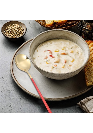 Konesam Portekiz 304 Paslanmaz Çelik, Renkli Uzun Saplı, Dolgulu Büyük Yuvarlak, Tatlı/西餐/韩式 Servis Kaşığı, Bakır+kırmızı, 1 Adet Paket Altın