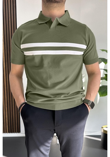 Erkek Açık Yaka Çizgli Tişört Koyu Yeşil Edw236 Koyu Yesil