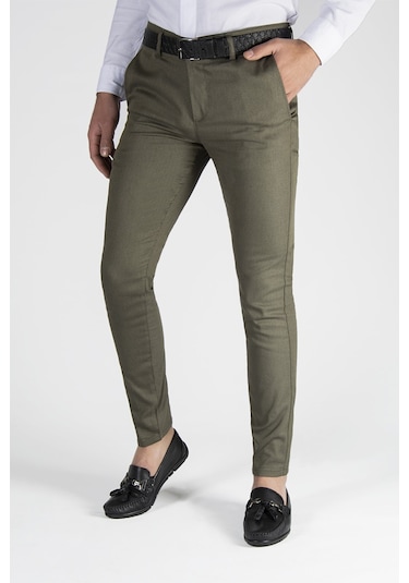 Erkek Haki Slim Fit Düz Model İtalyan Kesim Keten Pantolon Haki