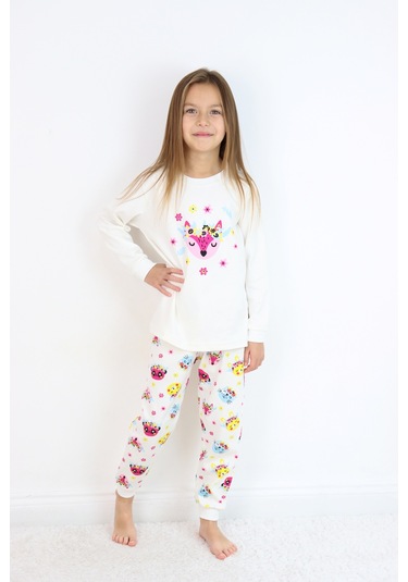 Kız Çocuk Orta Kalınlıkta Basic Baskılı Pijama Takımı Ekru