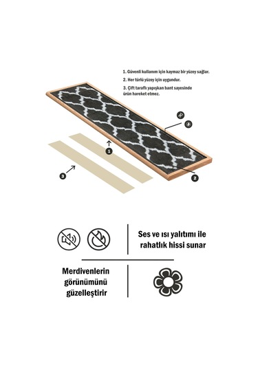 Dikdörtgen Dokuma Merdiven Halısı Kendinden Yapışkanlı Antrasit Beyaz