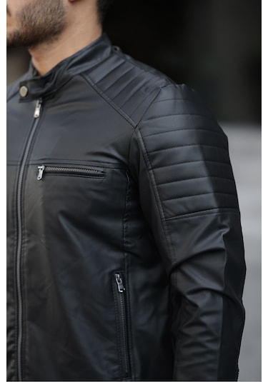 Erkek Yeni Sezon Siyah Dar Kesim Deri Ceket & Mont Siyah