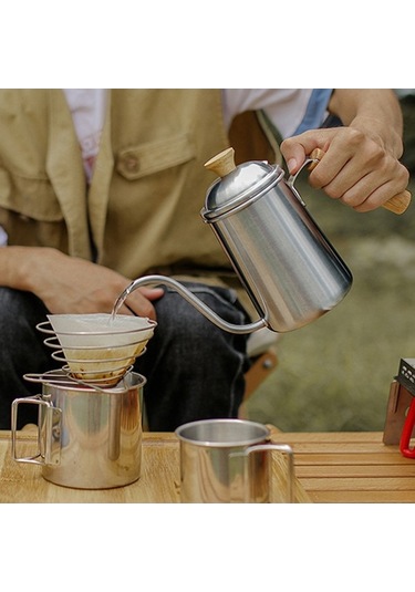 Fastbuy 304 Paslanmaz Çelik 650ml Taşınabilir Kahve Demleme Cezvesi, Ahşap Saplı Uzun Burunlu Gümüş Renkli Gümüş