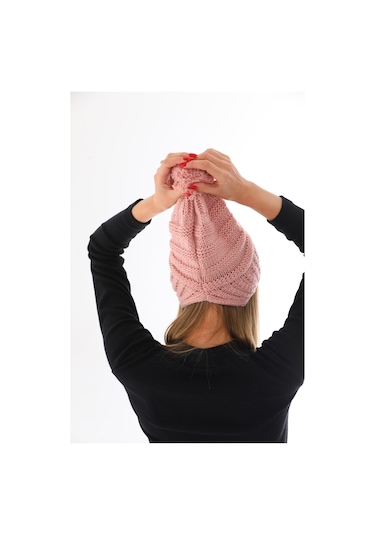 Kadın Kalın Pudra Örgü Ponponlu Bere Pudra