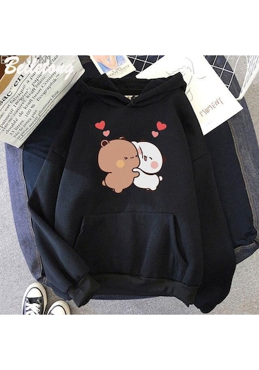 Siyah Kawaii Hoodie Panda Ayı Karikatür Bubu Dudu Baskı Kız Büyük Boy Kazak İlkbahar/sonbahar Açık Mavi Uzun Kollu Cep Tops Siyah