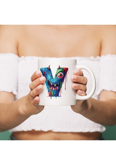 V Harfi Bardak, Sevimli Canavarlar Harflı Bardak Hediyesi Porselen Beyaz