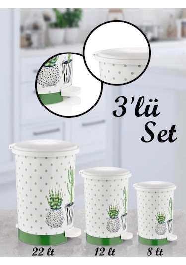 Bayev 3lü Kaktüs Desen Pedallı Çöp Kovası 8/12/22 Litre Çok Renkli