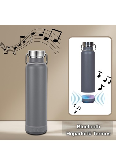 Bluetooth Hoparlörlü Paslanmaz Çelik Termos 600 Ml-çift Katmanlı Gri