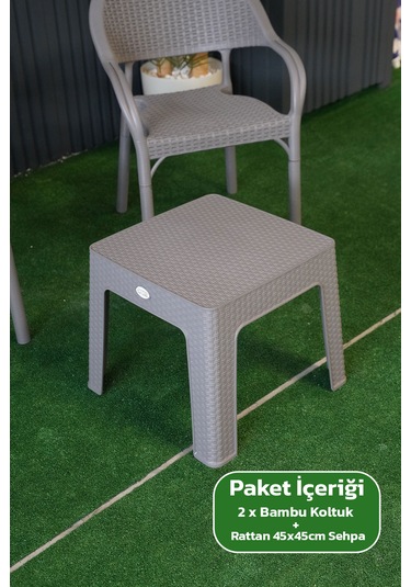 Bambu Rattan Görünümlü Sehpalı Set 2 Adet Koltuk + 45 Cm Sehpalı Sandalye Seti Gri
