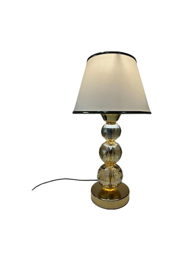 Mooncher Cam Gövdeli Gold Metal Abajur Altın Şeritli Krem Kumaş Başlık Gece Lambası Krem - Gold