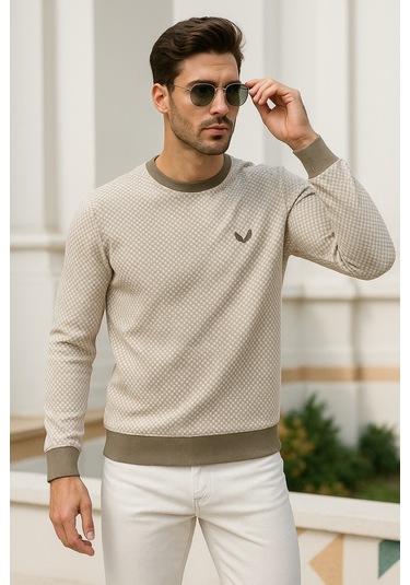Rich Erkek Bej Kare Desenli Bisiklet Yaka Sweatshirt Bej