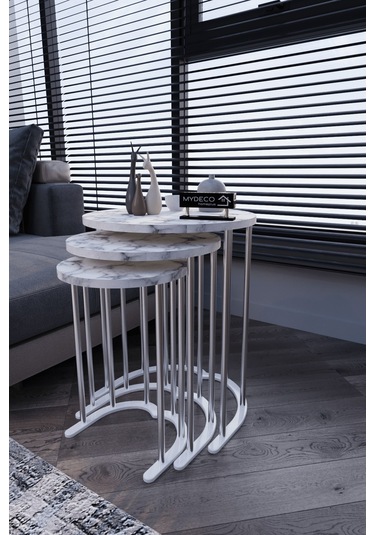 3' Lü Zigon Sehpa Gümüş Ayak Beyaz Mermer Desen 18 Mm Mdf Gümüş - Beyaz Mermer