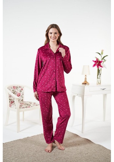 Estiva Puantiyeli Önden Düğmeli Kadife Bayan Pijama Takım Bordo