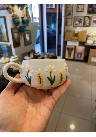 Seramik El Yapımı Fincan Takımı 2'li Set Dal Papatya Desenli Beyaz - Sarı