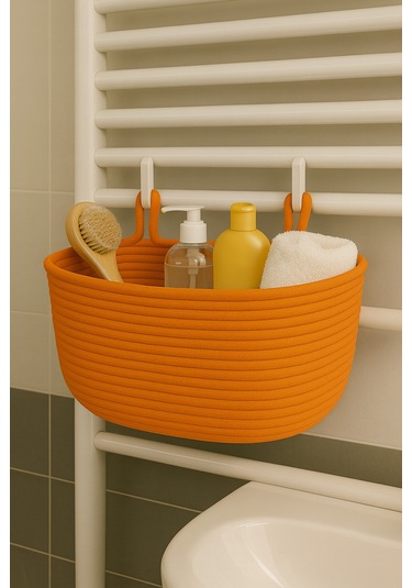 Dekoratif Askılı Banyo Sepeti 18 40 16 Cm Saklama Ve Düzenleyici Hasır Jüt Sepet Organizer El İşi Turuncu