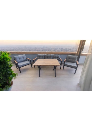 Pimango Pi Elize Bahçe Balkon Mobilyası Gri 3+1+1 Perla Çam Masa Gri