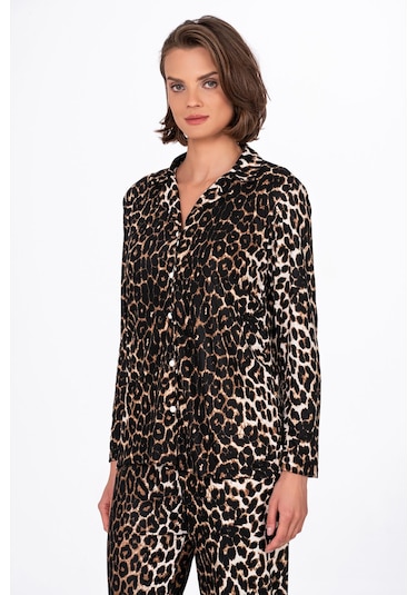 Kadın Süet Önden Düğmeli Pijama Takımı Leopar LEOPAR