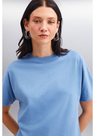 GRIMELANGE Lottıe Kadın %100 Organik Pamuklu Regular Kalıp Bisiklet Yaka Basic Kısa Kollu Indigo T-shirt Indigo