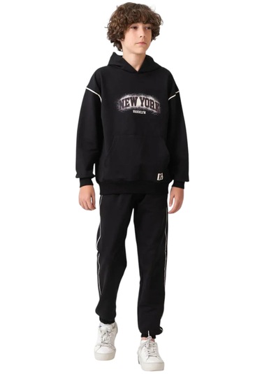 Erkek Çocuk New York Yazılı Çizgi Şeritli Kanguru Cepli Kapüşonlu Siyah Eşofman Takımı Siyah