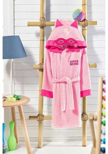 Formeya Kapşonlu Çocuk Bornoz %100 Pamuk Su Emici Pembe Hero Pembe