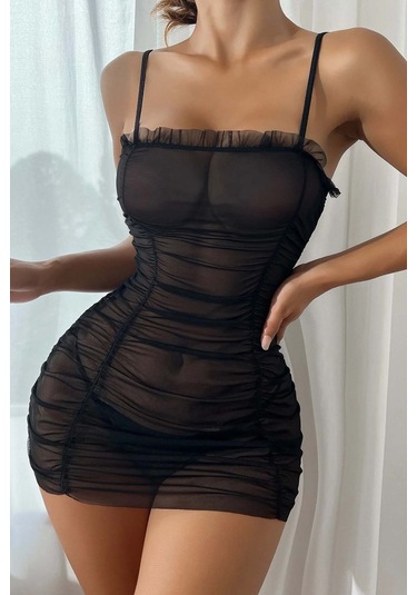 Merry See Transparan Büzgülü Gecelik İç Giyim Takım Siyah