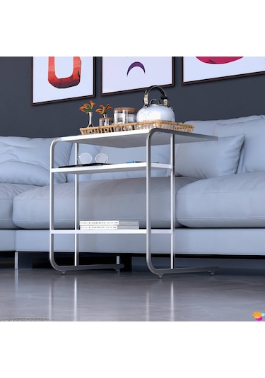 Modilayn C Yan Sehpa Geniş Boy Tekerlekli Çalışma, Atıştırmalık, Yemek, Laptop Sehpası Beyaz Çizgili Beyaz