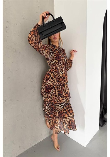 Neşeli Butik Kadın Eteği Kat Kat Leopar Desenli Şifon Elbise Nbkklf2036 Kahverengi