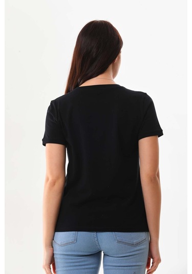 Sistas Kadın Yazı Detaylı Kısa Kol Pamuklu Bluz 23042 Siyah