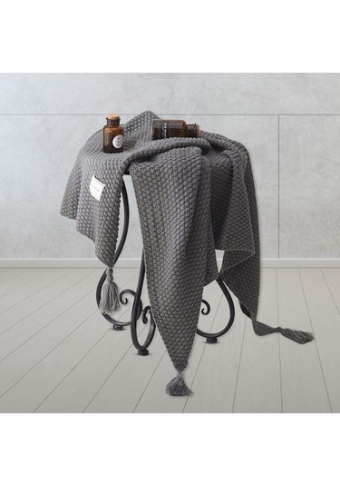 Kalın Örme Battaniye, Süper Yumuşak, Rahat, Tüylü, Sıcak, Dekoratif Püsküllü Açık Gri Battaniye Diğer