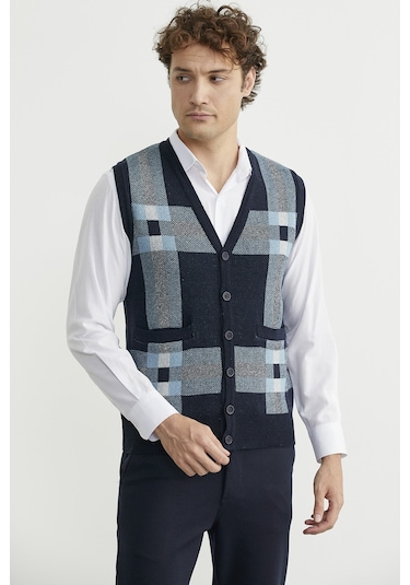 Düğmeli Yünlü Kalın Triko Yelek - Lacivert Lacivert