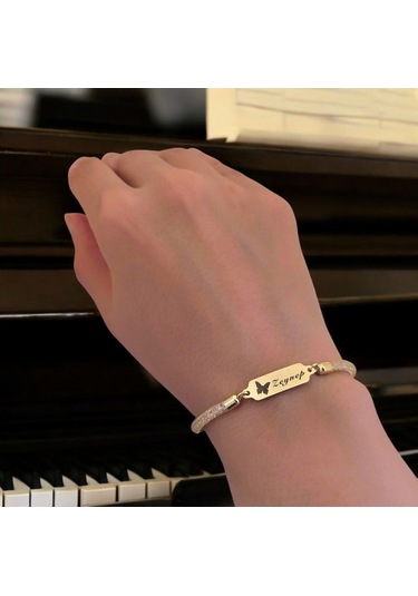 Archin Zeynep İsmine Özel 14 Ayar Altın Plakalı Hasır Kordonlu Kelebek Motifli Hediye Bileklik-647isim Zeynep