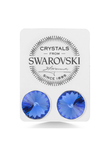 Union Swarovski Crystal Kadın Sapphire Taşlı 12mm Çivili Gümüş Küpe