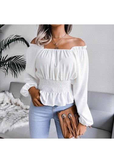 İlkbahar Ve Sonbahar Kadın Bluz Uzun Kollu Seksi Tek Boyun Straplez Hem Fırfır Şifon Bluz Tops Şarap Kırmızısı