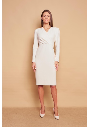 Kruvaze Anvelop Uzun Kol Hafif Likralı Triko Elbise-şampanya Şampanya