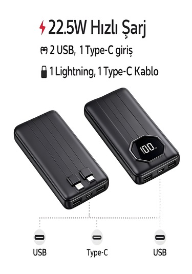 5in1 10.000mah 22,5w Hızlı Şarj Powerbank - 2 Usb, Lightning & Type-c Kablı Taşınabilir Şarj Cihazı Siyah