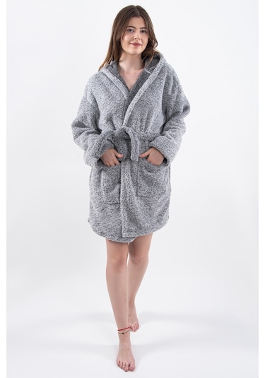 Zeynep Tekstil Plain Unisex Sabahlık Bornoz Wellsoft Peluş Kapşunlu Erkek Kadın Sabahlık L/xl Gri