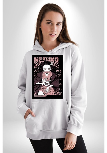 Nezuko Demon Slayer Kadın Erkek Beyaz Kapüşonlu Sweatshirt Hoodie Beyaz