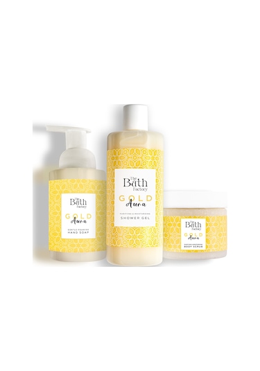 The Bath Factory Gold Aura Vücut Peeling + Gold Aura Duş Jeli + Gold Aura Köpük Sabun﻿﻿