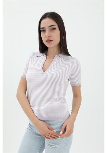 İnce Çizgili Polo Yaka Triko Kazak - Lila - Kadın Lila