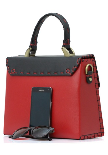 Abess Çanta , Lüks El Yapımı Gerçek Deri Kadın Çantası , Kırmızı Kırmızı - Siyah