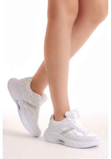 Tonny Black Kadın Beyaz Faylon Taban Şeritli Bağcıklı Spor Ayakkabı Beyaz