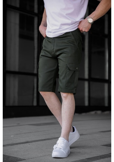 Haki Renk Kargo Cepli Gabardin Erkek Şort-1801 Haki