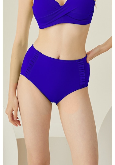 Loya Kadın Saks Mavi Yanları Fırfırlı Yüksel Bel Tek Alt Bikini Saks Mavi