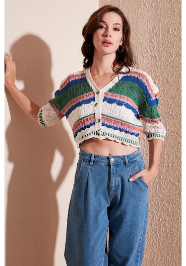 Lela Renkli V Yaka Ajurlu Crop Bayan Hırka 6071583 Ekru-Yeşil