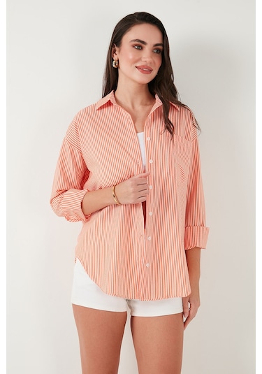 Lela Regular Fit Uzun Kollu Cepli Çizgili Bayan Gömlek 6772895 Oranj