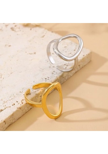 Vkemall Titanium Çelik Açık Uyarlanabilir Yüzük Seti 2 Adet - Irregular Yuvarlak Desen - Altın+gümüş - Şık Ve Basit Tasarım - Her Zaman Parlak Gold