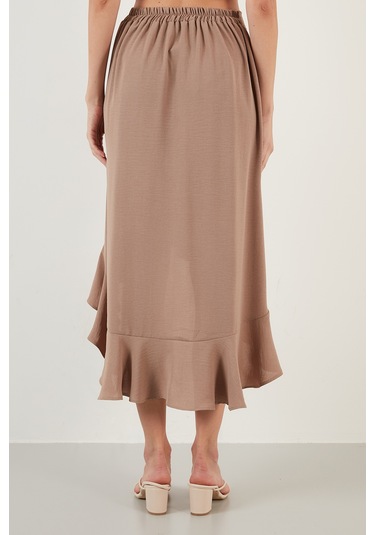 Lela Volanlı Midi Boy Yırtmaçlı Bayan Etek 6058387 Vizon